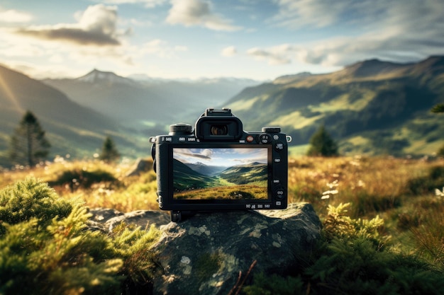 Appareil photo numérique sur un rocher de montagne capturant une nature magnifique