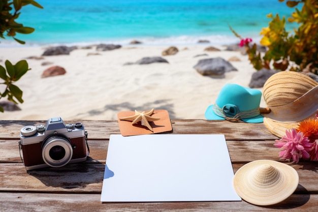 Photo appareil photo en papier photo vierge et invitation à une scène de plage pour capturer des souvenirs d'été