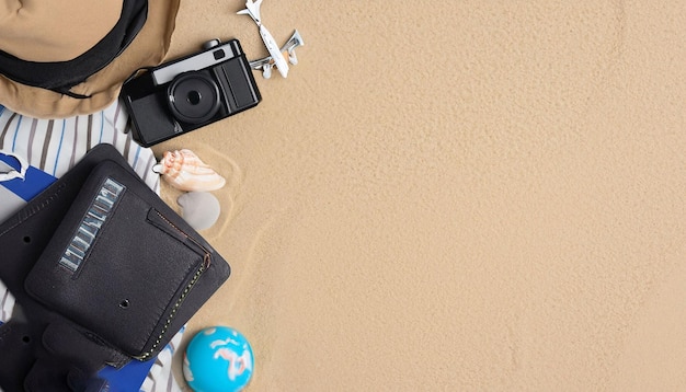 Un appareil photo, un portefeuille et un portefeuille sont disposés sur une surface de sable.