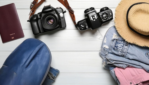 Un appareil photo et un sac à dos sont posés sur un plancher en bois.