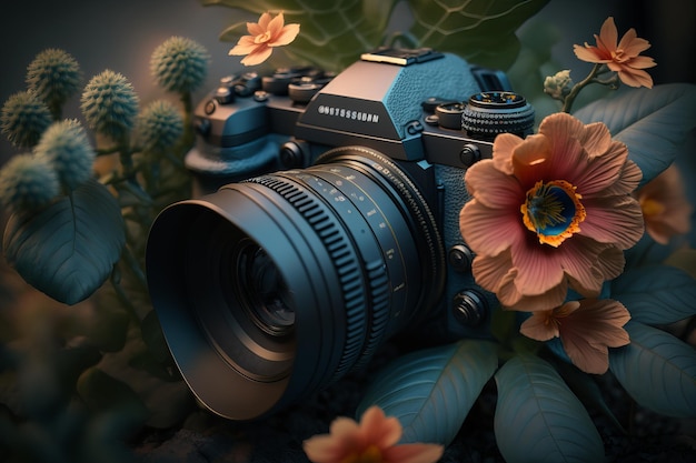 Un appareil photo Samsung se trouve devant un fond fleuri.