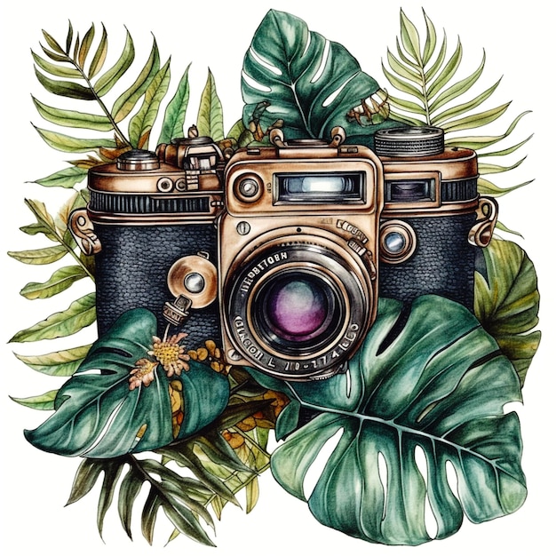 Appareil photo vintage avec des feuilles tropicales