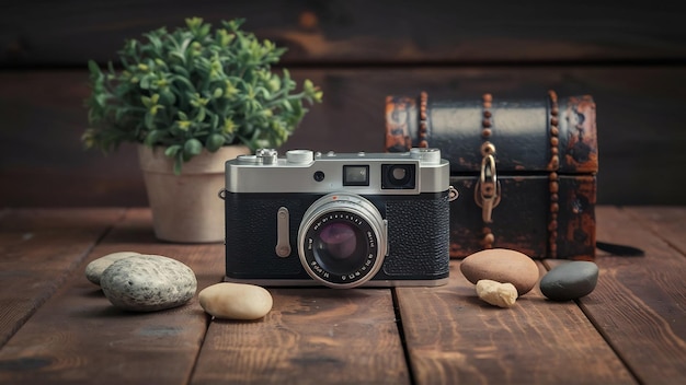 Un appareil photo vintage et des pierres naturelles sur une table en bois près de l'ancien coffre