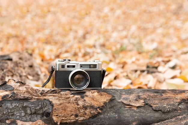 Appareil photo vintage reposant sur un tronc d'arbre entouré de feuilles mortes à l'automne. Espace pour le texte.