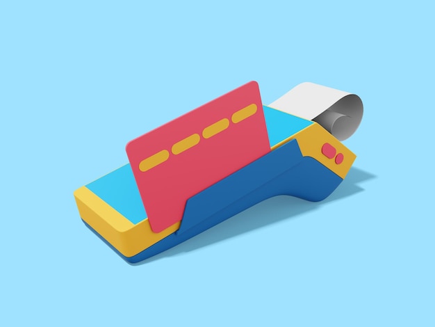 Appareil pour paiement NFC Terminal de point de vente coloré avec carte de crédit et chèque Machine moderne pour le rendu 3D de paiement sans numéraire sur fond bleu