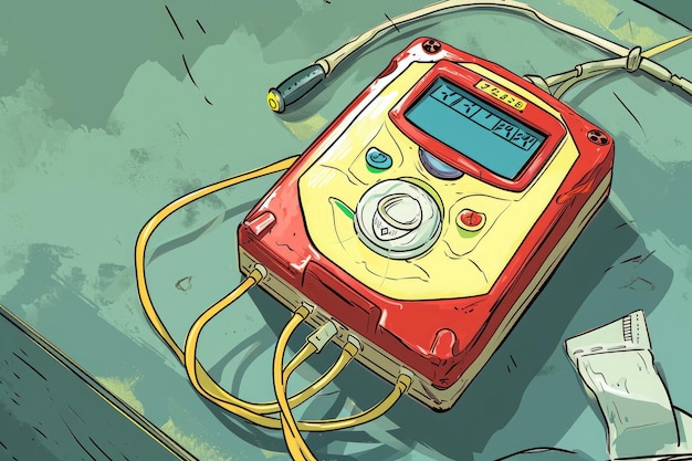 Un appareil rouge et jaune est posé sur une table et présente ses couleurs vives. Illustration de style comique d'un défibrillateur AED généré par l'IA.