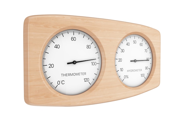 Appareil de thermomètre et hygromètre en bois pour sauna sur fond blanc. Rendu 3D