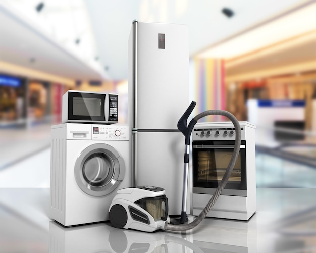 Appareils électroménagers Groupe de réfrigérateur blanc lave-linge cuisinière four à micro-ondes aspirateur sur fond de verre flor 3d