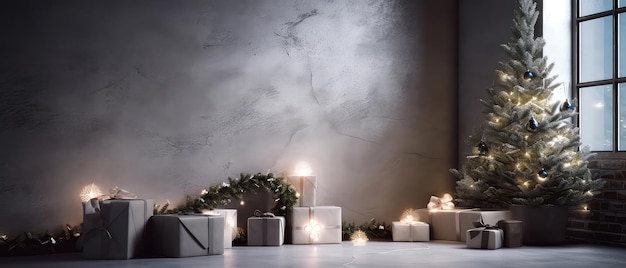 L'appartement du grenier est décoré d'arbres de Noël, de boîtes-cadeaux, de bougies lumineuses sur un endroit texturé en béton.