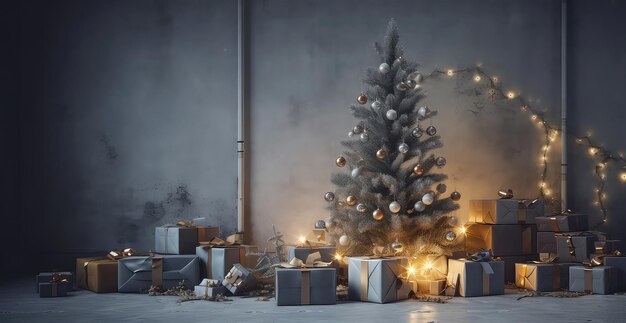 L'appartement du grenier est décoré d'arbres de Noël, de boîtes-cadeaux, de bougies lumineuses sur un endroit texturé en béton.