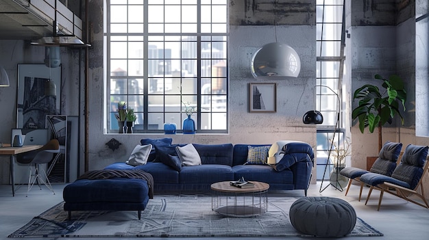 appartement loft chic avec un canapé navyblue comme point focal entouré d'une palette neutre industriel