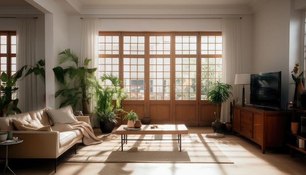 Appartement lumineux moderne avec de hautes fenêtres en bois et des verts tropicaux