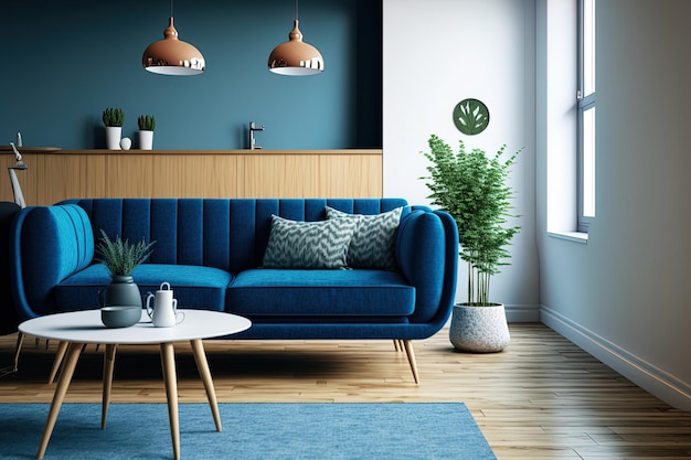 Appartement avec des meubles bleus comprenant une lampe et une table de tapis de banc de canapé