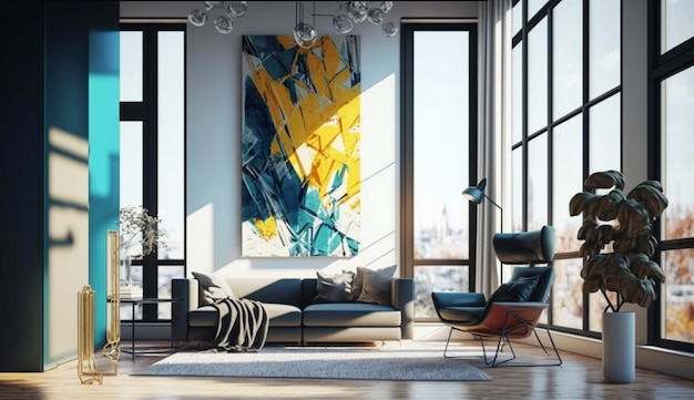 Appartement moderne avec de grandes fenêtres et un cadre d'art abstrait sur le mur Generative Ai