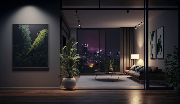 Appartement moderne avec de grandes fenêtres et un intérieur de cadre d'art abstrait Generative Ai