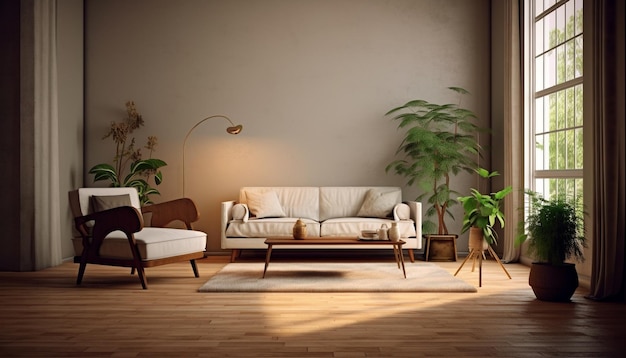 Appartement moderne avec un intérieur élégant et lumineux, un canapé confortable, un parquet généré par l'intelligence artificielle