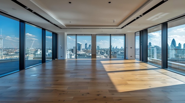 Appartement moderne spacieux avec vue panoramique sur la ville Intérieur vide avec de grandes fenêtres Design d'espace de vie urbain contemporain AI