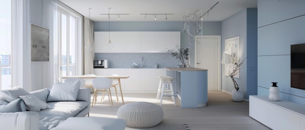 Appartement ouvert lumineux avec des tons bleus doux et un mélange harmonieux de pièces à vivre et à manger