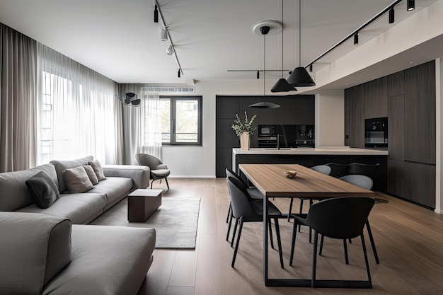 Appartement rénové avec des éléments minimalistes modernes et des finitions élégantes créées avec une IA générative