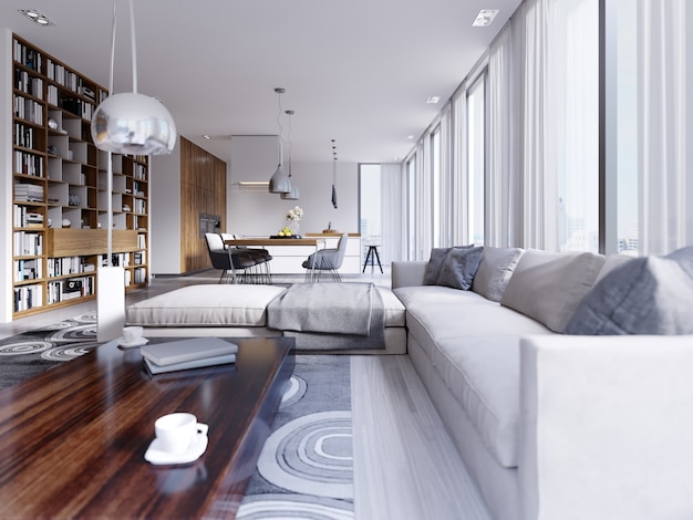 Appartements blancs scandinaves avec étagères design en bois avec télévision et cuisine avec coin repas. rendu 3D