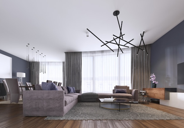 Appartements modernes et colorés avec un grand canapé d'angle et un rangement pour la télévision et de longs rideaux transparents. rendu 3D.