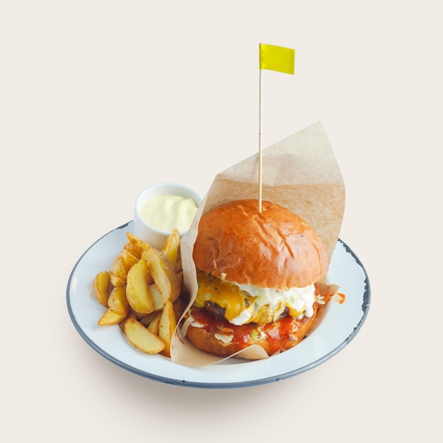 Appétissant burger traditionnel servi sur une assiette avec sauce et pommes de terre frites ng burger traditionnel servi sur une assiette avec sauce et pommes de terre frites