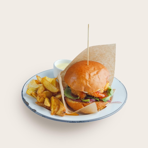 Appétissant burger traditionnel servi sur une assiette avec sauce et pommes de terre frites ng burger traditionnel servi sur une assiette avec sauce et pommes de terre frites