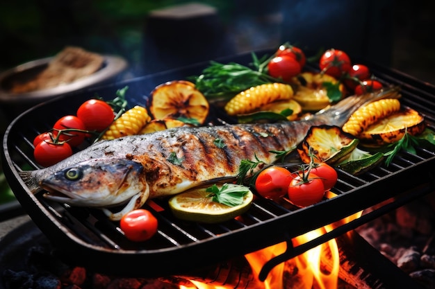 Appétissant poisson grillé aux légumes grillés