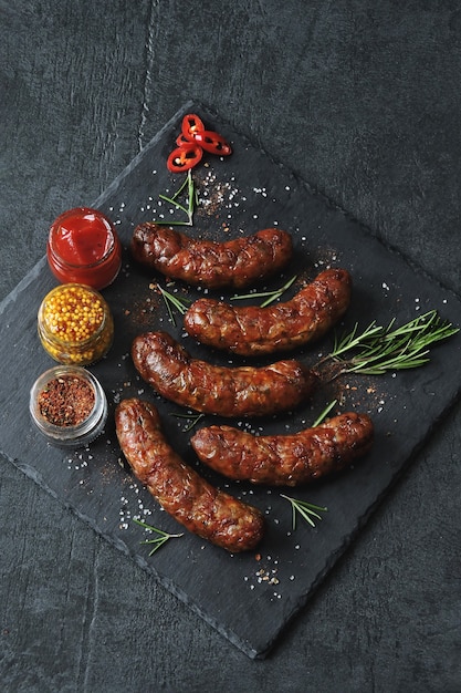 Appétissantes saucisses chaudes bavaroises ou munichoises avec assaisonnements et sauces sur une planche de pierre