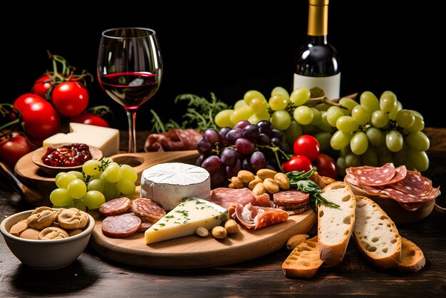 Appétit avec diverses collations de viande fromage figues raisins et vin sur une assiette en bois assiette de fromage IA générative