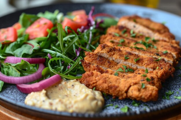 Appétit de filet au pain végétalien à base de seitan avec une salade servie dans un restaurant