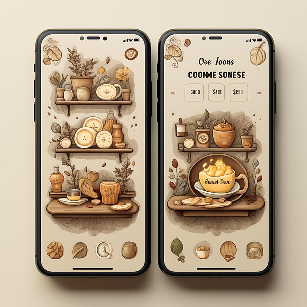 Appli mobile de café connaisseur Design confortable et rustique avec un menu de nourriture et de boisson vintage Cof