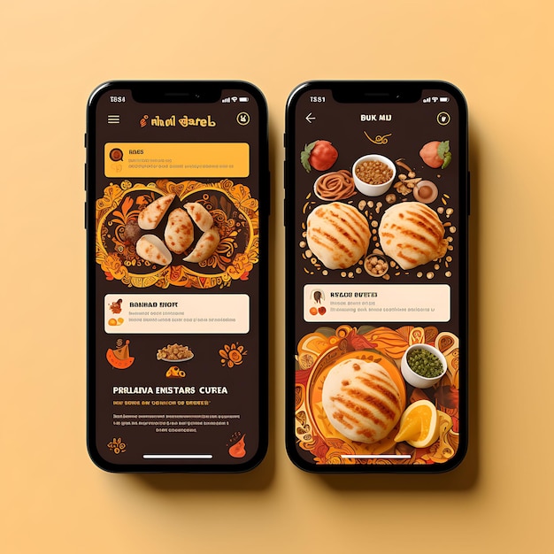 Appli mobile de Falafel Fiesta Design exotique et vibrant avec un menu d'aliments et de boissons du Moyen-Orient