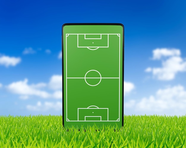 Application en ligne de football sur smartphone écran de terrains de football téléphone mobile concept de nouvelles de football canal de sport rendu 3d