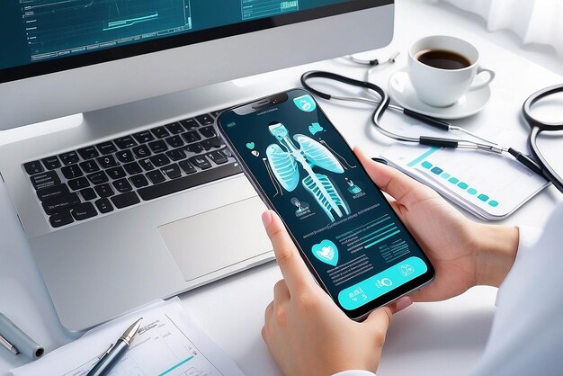 Photo les applications de soins de santé et de technologies innovantes pour les examens médicaux et le concept de consultation en ligne
