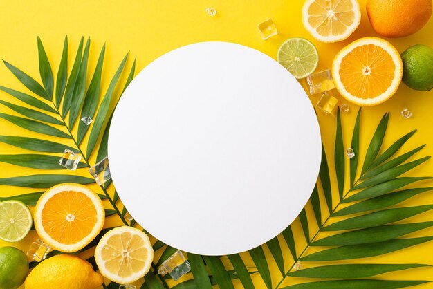 Apportez des vibrations tropicales à votre marketing avec cette photo de concept d'été colorée des feuilles de palmier vertes fraîches des tranches d'orange du citron et du citron vert sur un fond jaune avec de l'espace pour le message ou la publicité