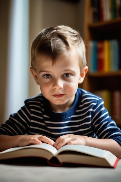 Apprendre et explorer de nouveaux horizons concepts avec un jeune garçon fasciné immergé dans son livre histoire