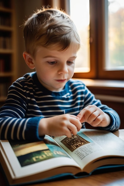 Apprendre et explorer de nouveaux horizons concepts avec un jeune garçon fasciné immergé dans son livre histoire