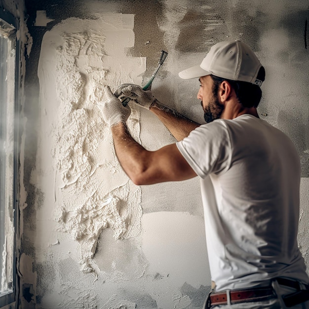 Un apprenti plâtre au travail