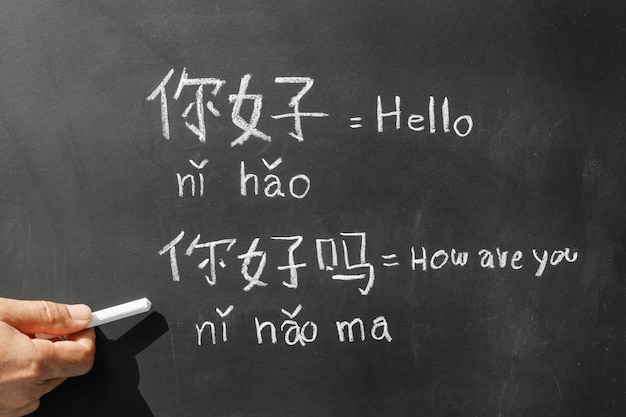 Apprentissage de l'alphabet chinois "pinyin" en classe.