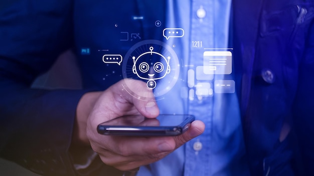 L'apprentissage automatique de l'IA Les mains du robot et le toucher humain sur la connexion de réseau de grandes données de l'AI du cerveau