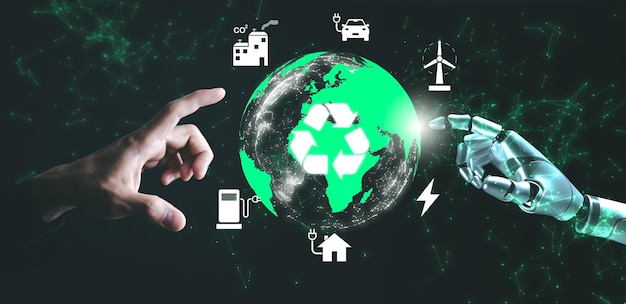 L'apprentissage automatique par l'intelligence artificielle Les mains robotiques et humaines touchent le monde numérique Les grandes données de la connexion au réseau mondial L'Internet et la technologie numérique et l'Intelligence artificielle La technologie numérique du futur