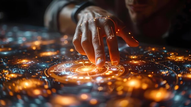 Photo appuyer sur un bouton sur une interface d'écran tactile concept interaction avec l'écran tactile interface utilisateur technologie numérique