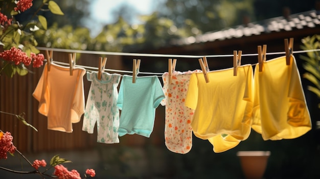 Après avoir été lavés, les vêtements colorés des enfants sèchent sur une corde à linge dans la cour