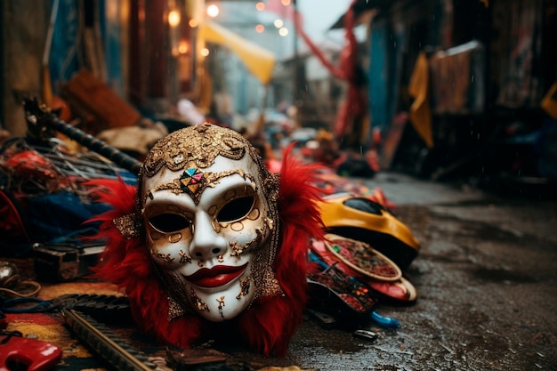 Après la fête, les masques de carnaval abandonnés sur le sol révèlent les conséquences de la confusion et des bagarres entre les fêtards.