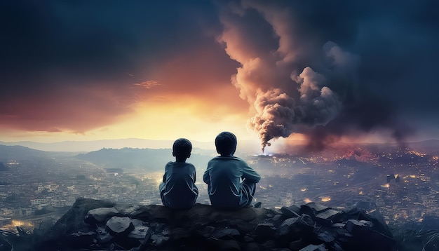 Après la guerre, des enfants sont assis sur une colline et regardent une ville en ruines.