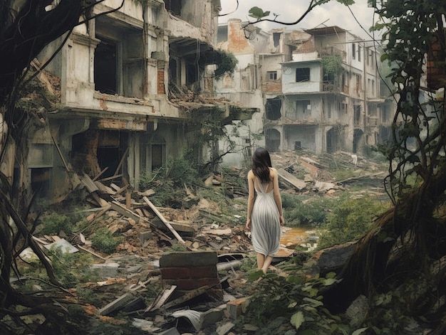 Après la guerre, ville vide détruite et photo des survivants