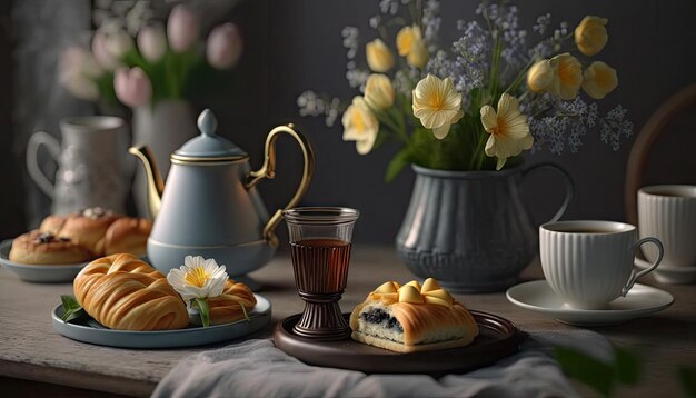 L'après-midi, mise en place d'un thé classique sur une table en marbre céramique décorée de fleurs printanières Generative AI