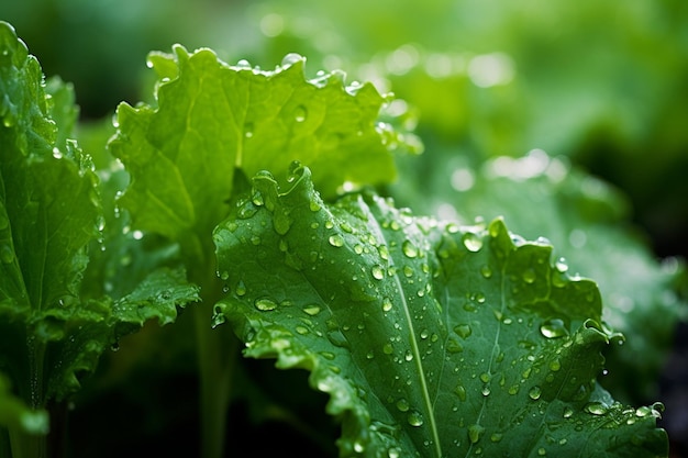 Après la pluie, les feuilles des légumes dans le champ de légumes étaient couvertes de gouttes d'eau.