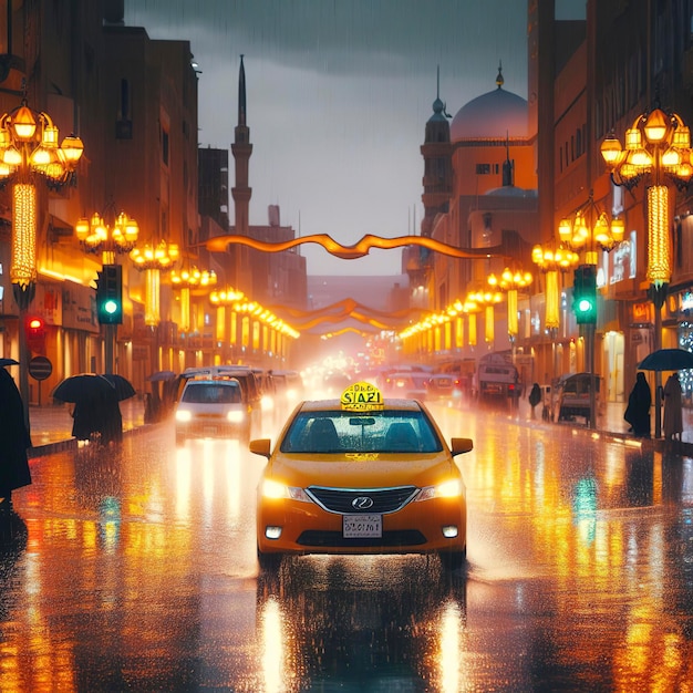 Après la pluie, on peut voir un taxi traverser les rues de Riyadh, en Arabie saoudite.